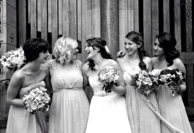 Bride and bridesmaids, black and white image
